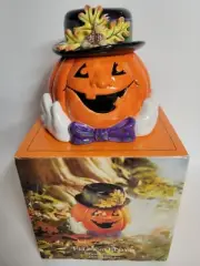 Fritz and Floyd Derby Ceramic Pumpkin Lidded Box Cookie Jar Jack-O-Lantern
