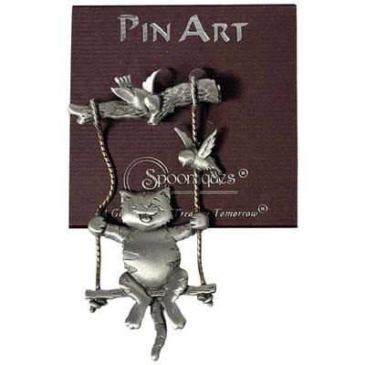 Vintage 1990s Spoontiques J&J Cat On Swing Pewter Colored Pin Brooch 3"