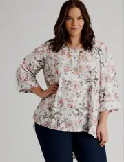 Autograph Top Plus Size 24 Button Back 3/4 Sleeve Pink Floral Viscose RP$85 NEW