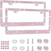 Amiss Bling License Plate Frame for Women, 2Pack Rhinestone Handcrafted Crystal Premium Stainless Steel, Stainless Steel Car Accessories with Diamond Sparkle Glitter Caps (Pink)