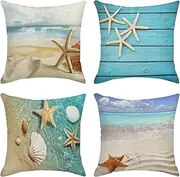 ArtSocket Set of 4 Throw Pillow Covers Starfish and Seashell Summer Beach in Sea Water Time Caribbean Decor Linen Pillow Cases Home Decorative Square 18x18 Inches Pillowcases