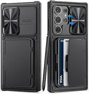 BXYJY for Samsung Galaxy S23 Ultra Case with Card Holder & Kickstand & Slide Camera Protector, Military Grade Drop Shockproof Silicone Wallet Phone Case Cover for Galaxy S23 Ultra 5g 2023, Black