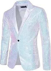 [SWJGLITTR] Men's Sequins Suit Jacket One Button Party Dinner Blazer Coats Shiny Sequin Tuxedo Sport Coat, White, XXL