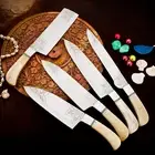 Custom Handmade Stainless Steel Kitchen knife Set Of 5PCS With Leather Sheath