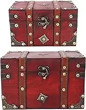 Yomiyuyr Vintage Wooden Storage Box Set, Decorative Keepsake Trunk with Hinged Lid, Antique Bronze Lock and Corners, Small and Large Footlocker Trunks for Display and Storage