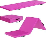 Folding Exercise Gymnastics Mat, 2'x6'x2" Gym Workout Mat with Carrying Handles 3-Fold High-Density Anti-Tear Portable Fitness Aerobics Mats for Home Gym Yoga Pilates Tumbling MMA Core Training, Pink