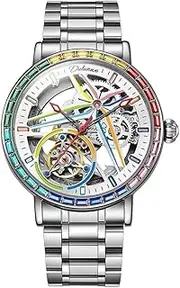 [DAXIAOYU] Unique Design Men's Fully Automatic Mechanical Watch, Colored Gemstone Surround Bezel, Skeleton Hollow Flywheel Wristwatch, Waterproof Luminous Stainless Steel Trendy Watches