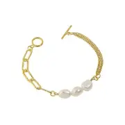 Asymmetry Hollow Chain Baroque Natural Pearl 925 Sterling Silver Bracelet