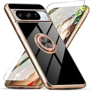 [Jusy] for Google Pixel 8 Pro Case with Screen Protector, Built-in 360° Magnetic Stand and Ring Holder, Luxury Plating Edge Slim Fit Shiny Protective Phone Cover for Women Men Girls Boys (Black/Golden)