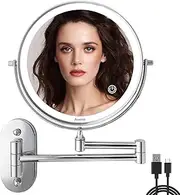 Auxmir Rechargeable Cosmetic Mirror with LED Lighting, 1X/10X Magnification Bathroom Mirror Wall Mounting, Dimmable Makeup Mirror with 3 Light Colours Touch Screen, 360° Rotatable Shaving Mirror for