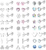 [Kakonia] 24 Pairs Hypoallergenic Screw Back Stud Earrings for Women Girls Surgical Steel Flat Back Earrings Cartilage Stud Cute Tiny CZ Heart Star Ball Flower Screwback Earrings Set Multicolored 20G