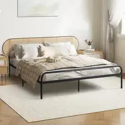 Oikiture Metal Bed Frame Queen Size Bed Base with Rattan Headboard and Footrest