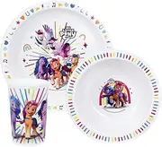 My Little Pony Pip Izzy Sunny and Zip Meal Set with a Flat Plate Diameter 22 cm, a Deep Plate Diameter 16 cm and a Glass 220 ml for Children