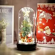 Christmas Tree Decorations,LED Christmas Tree Cloche Glass Dome,Mini Christmas Tree in Glass Dome on Wooden Base,Xmas Table Christmas Tree with LED Lights Gifts for Tabletop Party Decor Christmas