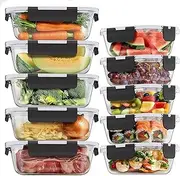 Glass Food Storage Containers 10 Pack, Glass Meal Prep Containers with Snap Lock Leakproof Lids, Reusable Microwave safe BPA-free Lunch Boxes (10 Containers & 10 Lids) 1040ml & 370ml