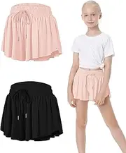 [QooNoo] Girls Butterfly Shorts with Pocket Flowy Athletic Shorts High Waist Preppy Running Shorts for Kids Teen