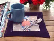 Large Quilted Mug Rug Snack Mat - Navy Blue, Coral, Gray, Light Blue - Elegant