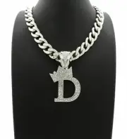 Hip Hop Iced Initial Letter D Pendant & 11mm 20" Cuban Choker Chain Necklace