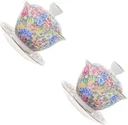 Cabilock 2 Sets Traditional Chinese Ceramic Tea Cup with Lid Kung Fu Style Teacup and Saucer Floral Design for Oolong Puer and Tea for Home and Special Occasions