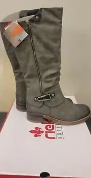 Ladies Rieker Zip Biker Boots 37/6 Gray Leather Pile Lined Shoes New in Box