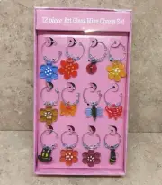Boston Warehouse Art Glass Wine Charm Set Flower Bugs 12 Piece