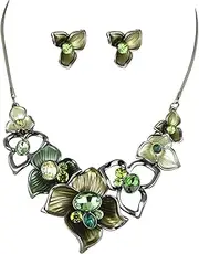 [Fenni Jewelry] Vintage Colorful Five Petal Flower Enamel Blossom Flower Chunky Collar Bib Statement Necklace and Earrings Set for Women Wedding Bridal Prom