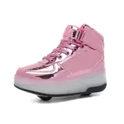 Nevenka Kids Light Up Roller Skate Shoes High Top Sneakers Double Wheels-Pink