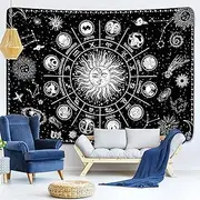 Zodiac Astrology Tapestry - Black and White Moon and Sun Constellation Wall Hanging for Room (59.1 x 82.7 inches)
