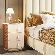 Bedroom Nightstand with Drawer : Round Bedside Nightstand Table with 3 Drawers Silent Damping Slide, Sintered Stone Tabletop and Surface Cover PVC Leather,No Assembly Storage Night Stand Table