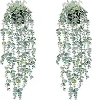 XongSyue 2 Pcs Artificial Plants, Fake Plants with Pot, Artificial Eucalyptus Plant, Artificial Hanging Plants Home Decor, Faux Drooping Plants, Fake Potted Plants for Office Desk Living Room Balcony