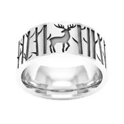 Solid 925 Sterling Silver Deer and Forest Tree Ring Handcrafted Nature Jewelry