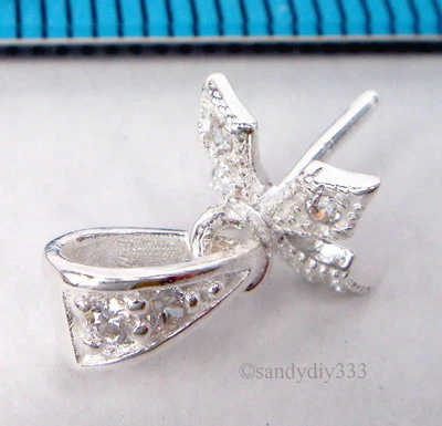 1 STERLING SILVER CZ FLOWER PEARL CUP CAP 9.5mm BAIL PIN PENDANT CONNECTOR #1866