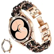 Watch Band for Samsung Galaxy Watch 4 40/44mm Watch Active 2 40/44mm Stainless Chain with Leather Belt Replacement Strap Bling Diamond Luxury Jewelry Bracelet