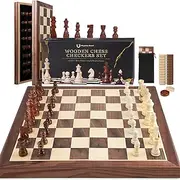 15 Inch Magnetic Chess Sets, IGGDOQI Wooden Chess Board, Board Game with 24 Cherkers Pieces Extra & 2 Extra Queens for Adults and Kids, Portable Travel Board Game Sets