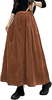 [ebossy] Women's Corduroy Maxi Skirt Elastic High Waist Drawstring Tie Front A-Line Pleated Long Skirt with Pockets