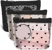3Pcs Mini Cosmetic Bags, Heart Print Mini Zipper Mesh Bags, Lipstick Cosmetic Accessories Organizer, Mini Mesh Makeup Bag, Mini Zipper Mesh Cosmetic Bag for Women, Small Makeup Bag for Purse, 3 Colors