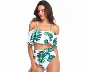 Ladies'high waist split printed bikini leaf printed swimsuit - 1