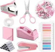 Glarks 1008pcs Pink Office Supplies Kit Desk Accessories Include Stapler, Tape Dispenser, Stapler Remover, Index Tabs, Office Scissor, Sticky Notes for Students Birthday Gift