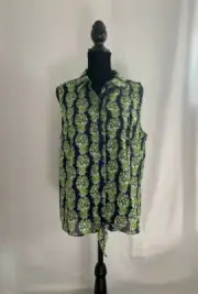 NEW Size M BANANA REPUBLIC Pineapple Tie Front Blouse Navy Sleeveless MSRP $50