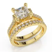 1 2/3 CT D/SI1 Brilliant Diamond Engagement Ring Set Princess Cut 18K Yellow Gol