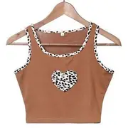 Leopard Print Heart Applique Crop Tank Top Brown - L