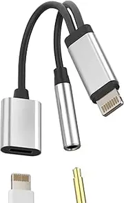 iPhone Aux Dongle Lightning to 3.5mm Jack Headphone Cable Splitter(2in1)Apple MFI Certified Charger Adapter Cord Audio Adaptador Earphone Charging Converter for Ipad 14 13 12 11 Pro Max 7 8 Plus 3.5+L