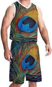 [KQNZT] Basketball Jersey with Shorts, Jersey Shorts Outfit Set, Men's Athletic Basketball Jerseys, Vintage Peacock Feather Pattern