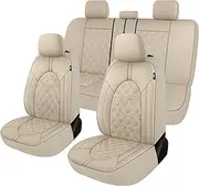 CAROMOP Luxury PU Leather Car Seat Covers Full Set-Waterproof Seat Protectors with Split Bench Seat Covers for Cars-Universal Cars Interior Covers for Sedans, SUVs, Pick-up Trucks(Beige/Beige Line)