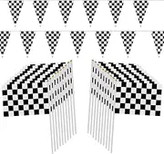 98ft Checkered Black & White Pennant Banner Racing Flags and 20Pcs 11.8 Inch Racing Flags with Plastic Sticks for Racing Party Supplies by HRLORKC