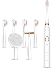 SENWEN Sonic Electric Toothbrush, USB Rechargeable Powerful Sonic Cleaning Tooth Brush with 6 Modes, 5 Brush Heads + 1 Facial Cleansing Brush Head + 1 Face Massage Head Whitening Toothbrushes, White