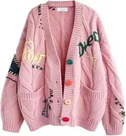 [FindThy] Women's Y2K Cardigan Sweater Loose Button-Down Letter Embroidered Cardi Coat with Pockets