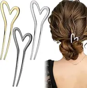 3 PACK Gold Metal U Shaped Hair Pins, Large Hair Pin, Heart Hair Sticks Hairpin Vintage Hair Sticks Hairstyle Chignon for Women (Style1, One size)