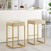[24KF] Contemporary Counter Height Bar Stool Set of 2 for Kitchen Island, 26" H Velvet Padded Gold Barstool Bar Chair 5066-Taupe