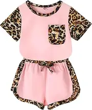 [YOUNGER TREE] Toddler Infant Baby Girls Summer Outfits Leopard Short Sleeve Pocket T-Shirt Tops Shorts Clothes Sets